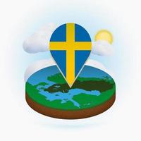 Isometric round map of Sweden and point marker with flag of Sweden. Cloud and sun on background. vector