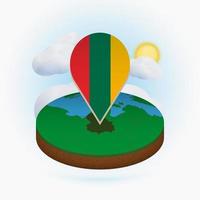 Isometric round map of Lithuania and point marker with flag of Lithuania. Cloud and sun on background. vector