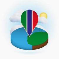 Isometric round map of Gambia and point marker with flag of Gambia. Cloud and sun on background. vector