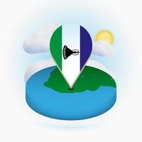 Isometric round map of Lesotho and point marker with flag of Lesotho. Cloud and sun on background. vector