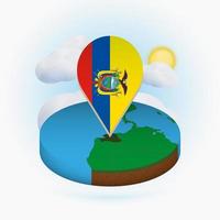 Isometric round map of Ecuador and point marker with flag of Ecuador. Cloud and sun on background. vector