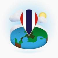 Isometric round map of Thailand and point marker with flag of Thailand. Cloud and sun on background. vector