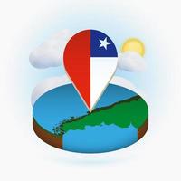 Isometric round map of Chile and point marker with flag of Chile. Cloud and sun on background. vector