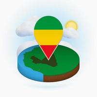 Isometric round map of Mali and point marker with flag of Mali. Cloud and sun on background. vector