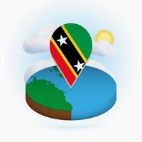 Isometric round map of Saint Kitts and Nevis and point marker with flag of Saint Kitts and Nevis. Cloud and sun on background. vector