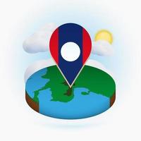 mapa redondo isométrico de laos y marcador de puntos con bandera de laos. nube y sol en el fondo. vector