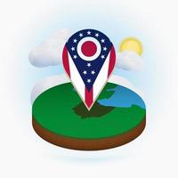 Isometric round map of US state Ohio and point marker with flag of Ohio. Cloud and sun on background. vector