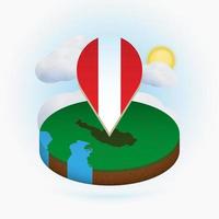 Isometric round map of Austria and point marker with flag of Austria. Cloud and sun on background. vector