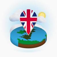 Isometric round map of United Kingdom and point marker with flag of UK. Cloud and sun on background. vector