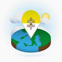 Isometric round map of Vatican City and point marker with flag of Vatican City. Cloud and sun on background. vector