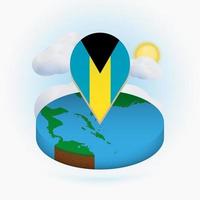 Isometric round map of The Bahamas and point marker with flag of The Bahamas. Cloud and sun on background. vector