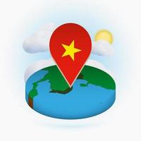 mapa redondo isométrico de vietnam y marcador de puntos con bandera de vietnam. nube y sol en el fondo. vector