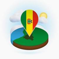 Isometric round map of Bolivia and point marker with flag of Bolivia. Cloud and sun on background. vector