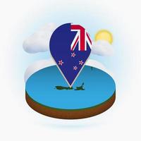 Isometric round map of New Zealand and point marker with flag of New Zealand. Cloud and sun on background. vector