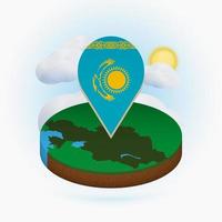 Isometric round map of Kazakhstan and point marker with flag of Kazakhstan. Cloud and sun on background. vector