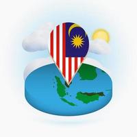 Isometric round map of Malaysia and point marker with flag of Malaysia. Cloud and sun on background. vector