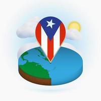 mapa redondo isométrico de puerto rico y marcador de puntos con bandera de puerto rico. nube y sol en el fondo. vector