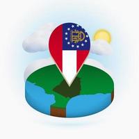 Isometric round map of US state Georgia and point marker with flag of Georgia. Cloud and sun on background. vector