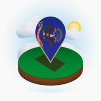 Isometric round map of US state North Dakota and point marker with flag of North Dakota. Cloud and sun on background. vector