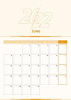 Modern vector vertical calendar sheet for June 2022, planner in English.