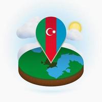 Isometric round map of Azerbaijan and point marker with flag of Azerbaijan. Cloud and sun on background. vector