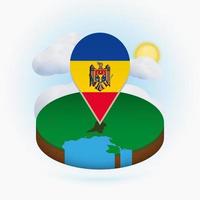 Isometric round map of Moldova and point marker with flag of Moldova. Cloud and sun on background. vector