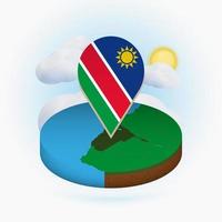 Isometric round map of Namibia and point marker with flag of Namibia. Cloud and sun on background. vector