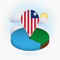 Isometric round map of Liberia and point marker with flag of Liberia. Cloud and sun on background. vector