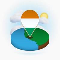 Isometric round map of Ivory Coast and point marker with flag of Ivory Coast. Cloud and sun on background. vector