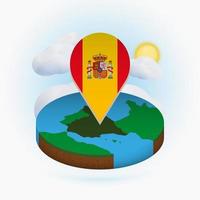 Isometric round map of Spain and point marker with flag of Spain. Cloud and sun on background. vector