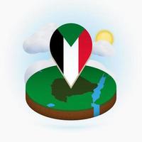 Isometric round map of Sudan and point marker with flag of Sudan. Cloud and sun on background. vector