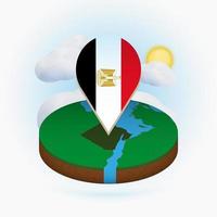 Isometric round map of Egypt and point marker with flag of Egypt. Cloud and sun on background. vector