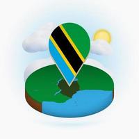 Isometric round map of Tanzania and point marker with flag of Tanzania. Cloud and sun on background. vector
