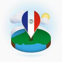 Isometric round map of Paraguay and point marker with flag of Paraguay. Cloud and sun on background. vector