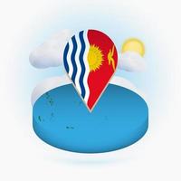 Isometric round map of Kiribati and point marker with flag of Kiribati. Cloud and sun on background. vector