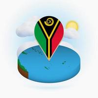 Isometric round map of Vanuatu and point marker with flag of Vanuatu. Cloud and sun on background. vector