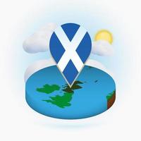 mapa redondo isométrico de escocia y marcador de puntos con bandera de escocia. nube y sol en el fondo.