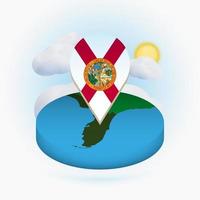Isometric round map of US state Florida and point marker with flag of Florida. Cloud and sun on background. vector