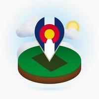 Isometric round map of US state Colorado and point marker with flag of Colorado. Cloud and sun on background. vector