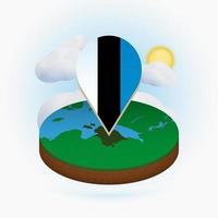 Isometric round map of Estonia and point marker with flag of Estonia. Cloud and sun on background. vector