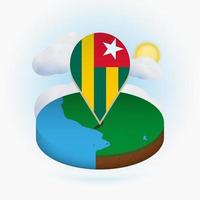 Isometric round map of Togo and point marker with flag of Togo. Cloud and sun on background. vector