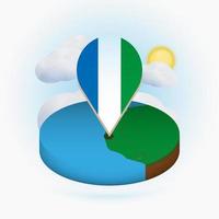 Isometric round map of Sierra Leone and point marker with flag of Sierra Leone. Cloud and sun on background. vector