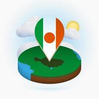 Isometric round map of Niger and point marker with flag of Niger. Cloud and sun on background. vector