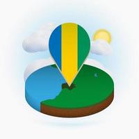 Isometric round map of Gabon and point marker with flag of Gabon. Cloud and sun on background. vector