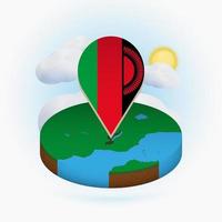 Isometric round map of Malawi and point marker with flag of Malawi. Cloud and sun on background. vector