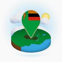 mapa redondo isométrico de zambia y marcador de puntos con bandera de zambia. nube y sol en el fondo. vector