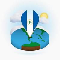 mapa redondo isométrico de nicaragua y marcador de puntos con bandera de nicaragua. nube y sol en el fondo. vector