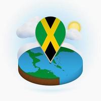 Isometric round map of Jamaica and point marker with flag of Jamaica. Cloud and sun on background. vector