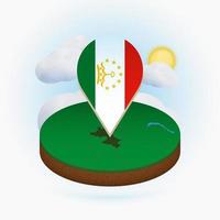 Isometric round map of Tajikistan and point marker with flag of Tajikistan. Cloud and sun on background. vector