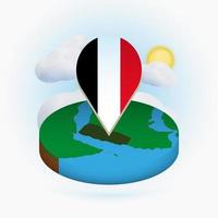 Isometric round map of Yemen and point marker with flag of Yemen. Cloud and sun on background. vector